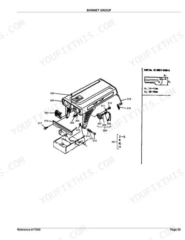 Kubota B5100E-P B5100E B5100D-P B5100E-PT bonnet group exploded view diagram with numbered component parts and reference callouts