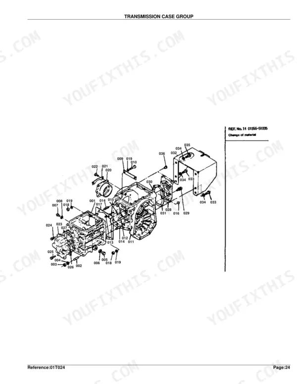 Kubota B5100E-P B5100E B5100D-P transmission case group exploded view diagram with numbered component parts