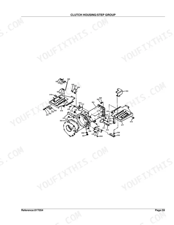Kubota B5200D clutch housing step group exploded view diagram with numbered component parts
