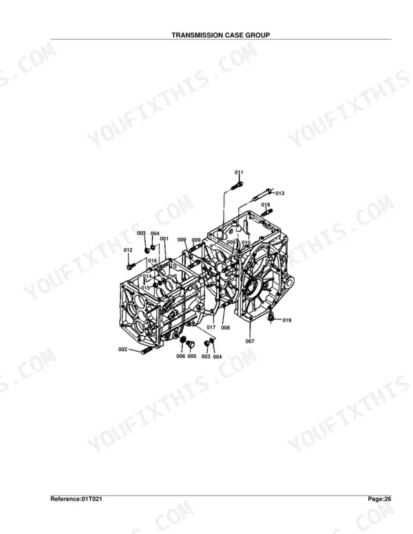 Kubota B5200D transmission case group exploded view diagram with numbered component parts