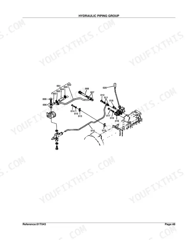 Kubota B5200D hydraulic piping group exploded diagram with numbered components and hose routing