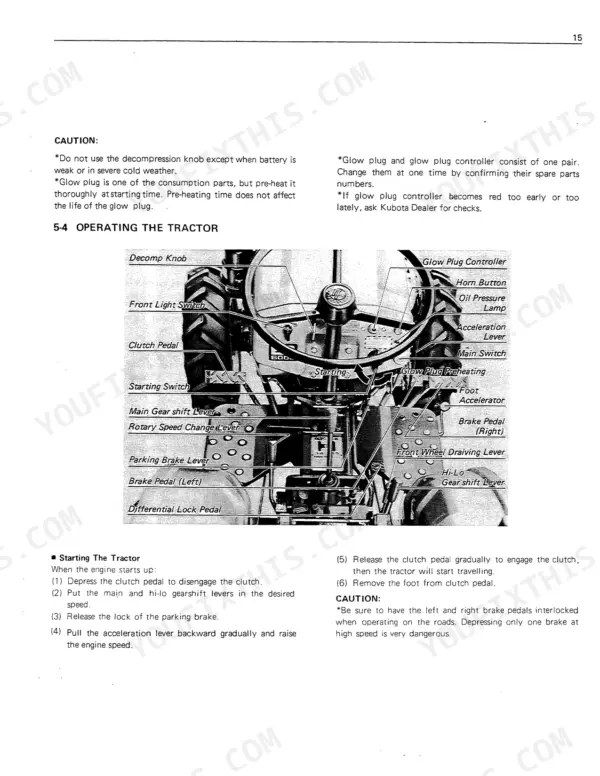 Kubota B6000 operator controls diagram showing clutch pedal, brake pedal, glow plug controller, starting switch, and gear shift levers with starting procedure instructions