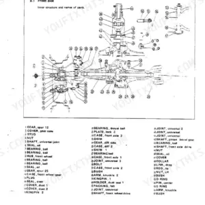 Kubota B6000 front axle exploded view diagram showing inner structure and numbered parts including gears, bearings, shafts, seals, and universal joints