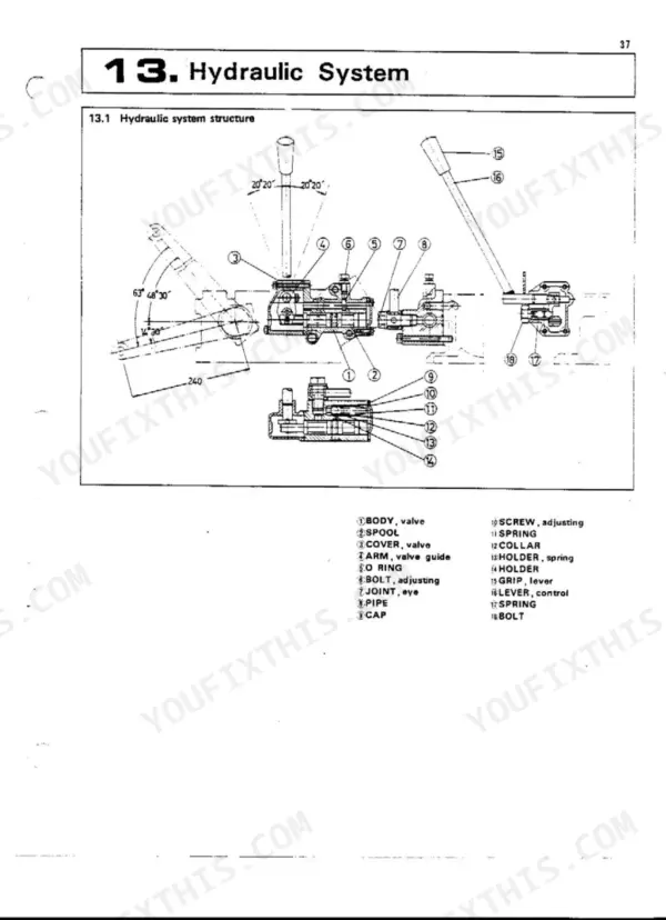 Kubota B6000 hydraulic system structure exploded diagram with numbered components and parts legend