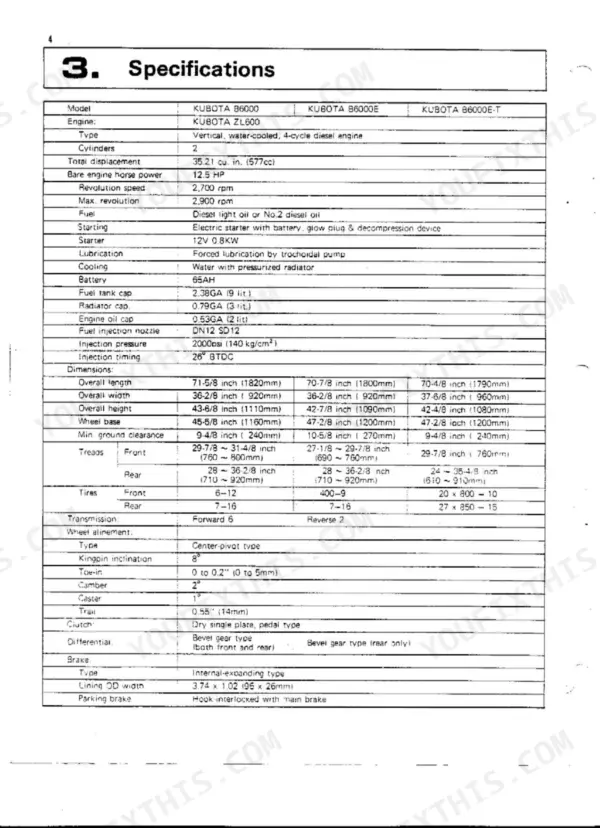 Kubota B6000, B6000E, B6000E-T specifications table: engine, dimensions, transmission, tires, brakes