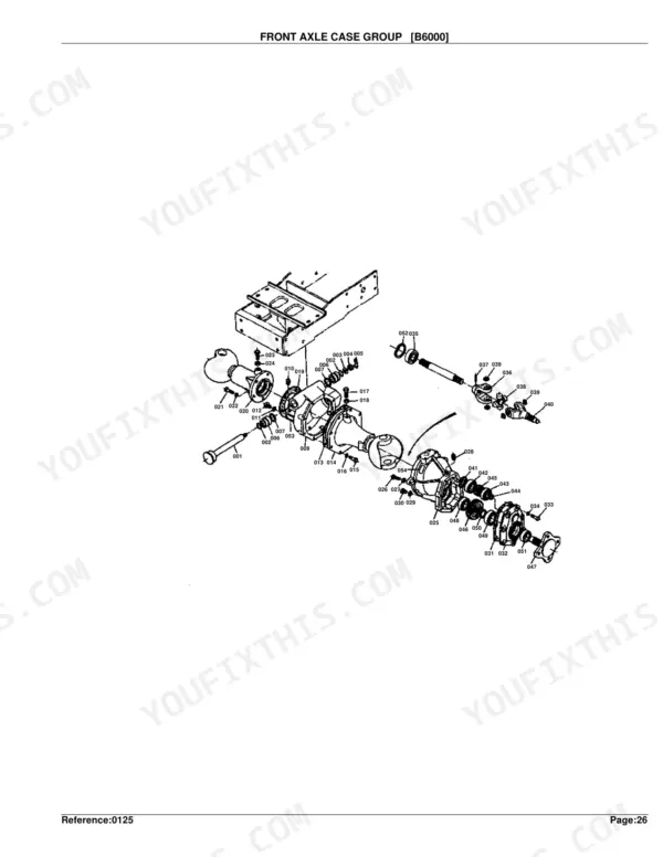 Kubota B6000 front axle case group exploded view diagram with numbered parts