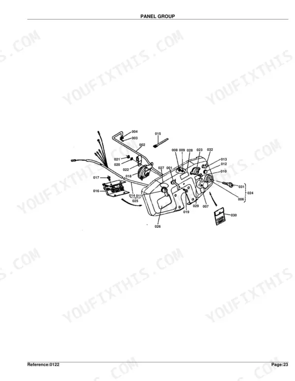 Kubota B6000 panel group exploded view diagram with numbered component parts 001-032