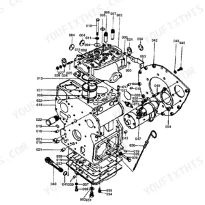 Kubota B6000 crankcase group exploded view diagram with numbered component parts and assembly references