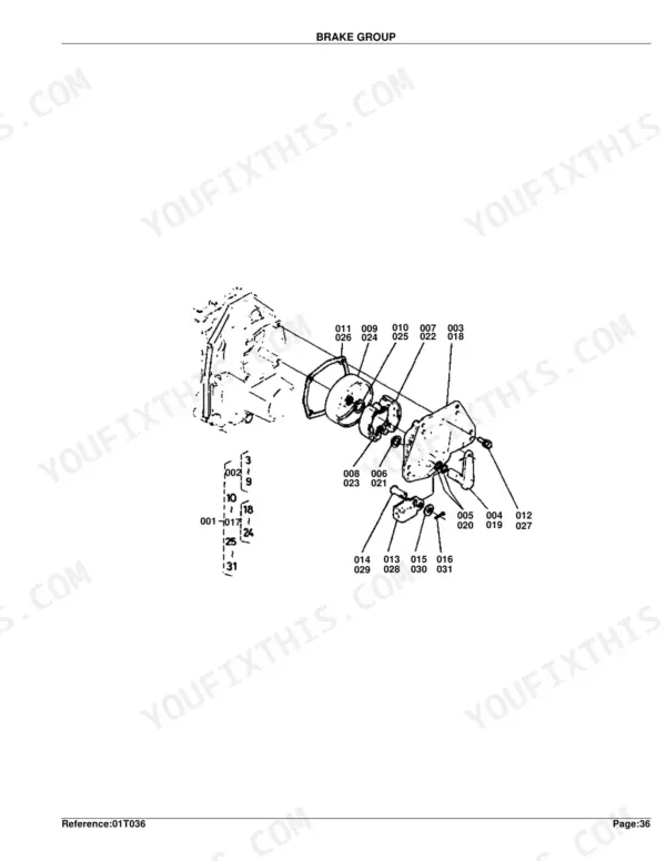 Kubota B6100D brake group exploded view diagram with numbered component parts and reference callouts