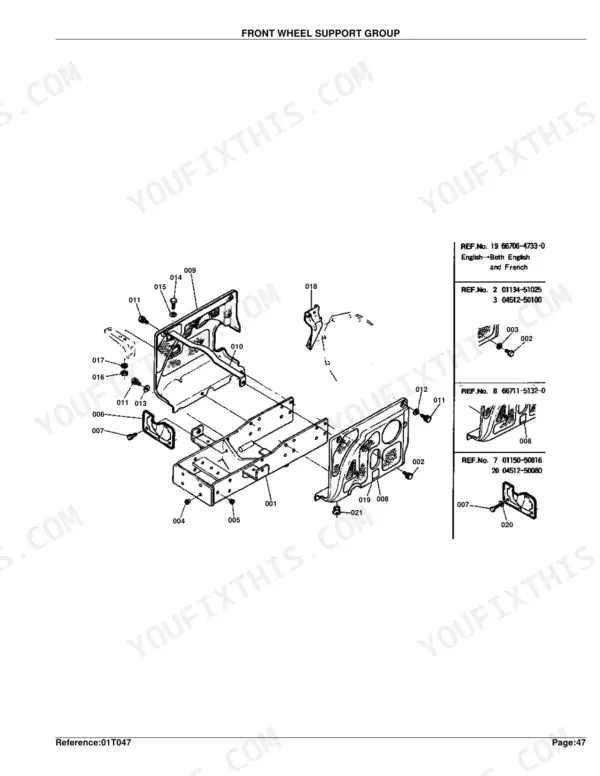 Kubota B6100D front wheel support group exploded view diagram with numbered parts and reference callouts