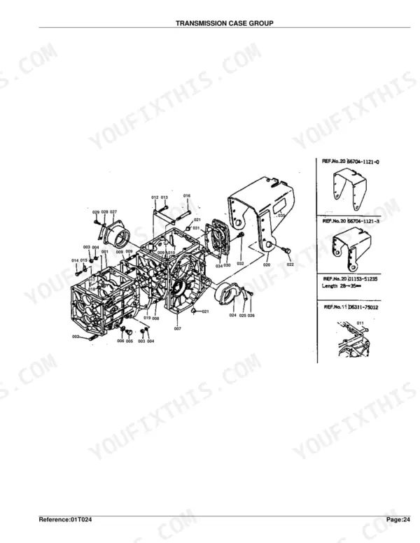 Kubota B6100D transmission case group exploded view diagram with numbered parts and component references