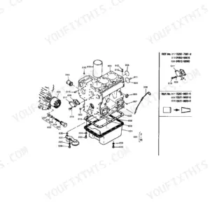 Kubota B6100D crankcase group exploded view diagram with numbered parts and reference callouts