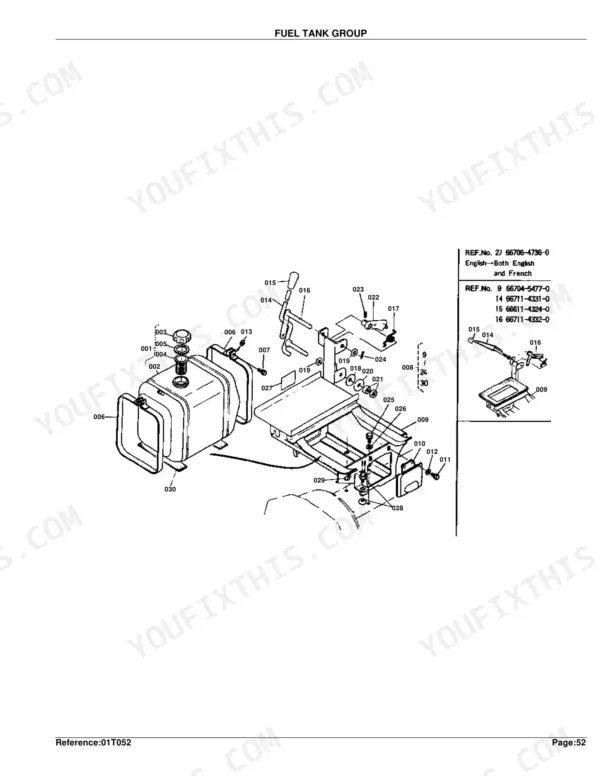 Kubota B6100D fuel tank group exploded view diagram with numbered component parts and reference numbers