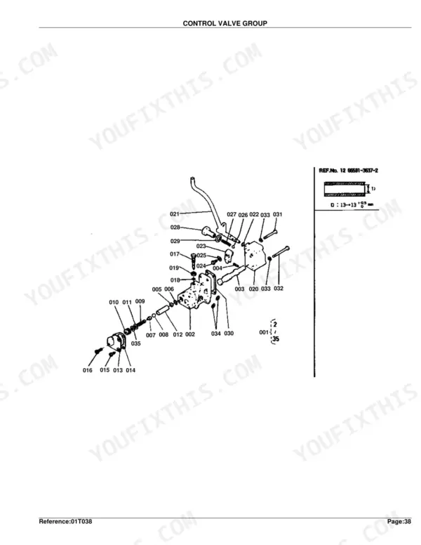 Kubota B6100D control valve group exploded view diagram with numbered component parts and reference specifications