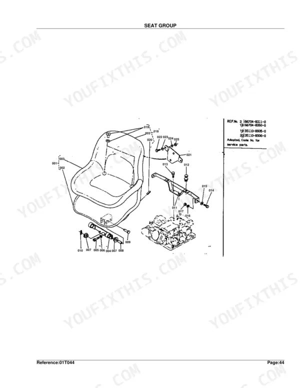 Kubota B6100E-P seat group exploded view diagram with numbered parts and reference numbers
