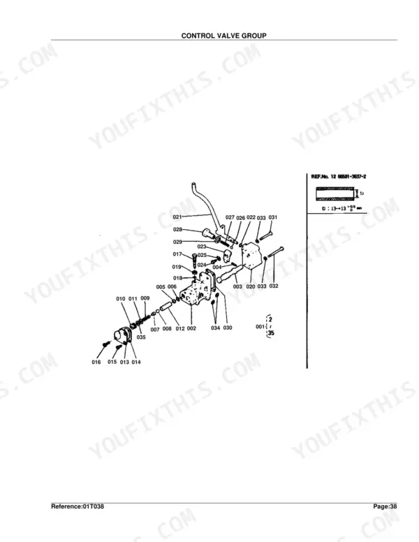 Kubota B6100E-P control valve group exploded diagram with numbered component parts and reference specifications
