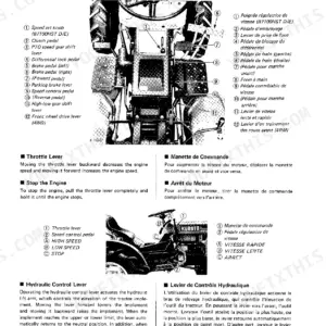Kubota B6100HST B7100HST controls diagram showing speed knob, clutch pedal, PTO shift lever, differential lock, brake pedal, forward pedal, parking brake lever, speed control pedal, reverse pedal, high-low gear shift lever, and front wheel drive lever with bilingual English-French labels and operation instructions