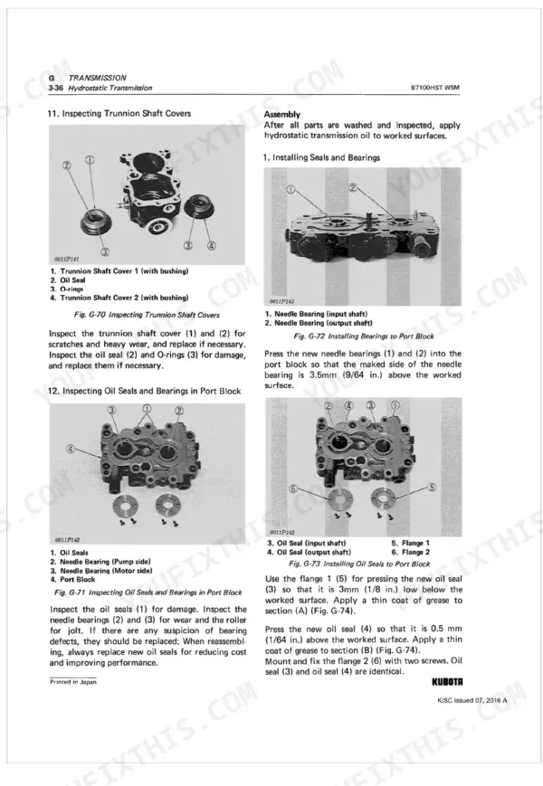 Kubota B7100HST hydrostatic transmission inspection and assembly procedures for trunnion shaft covers, oil seals, bearings, and port block installation