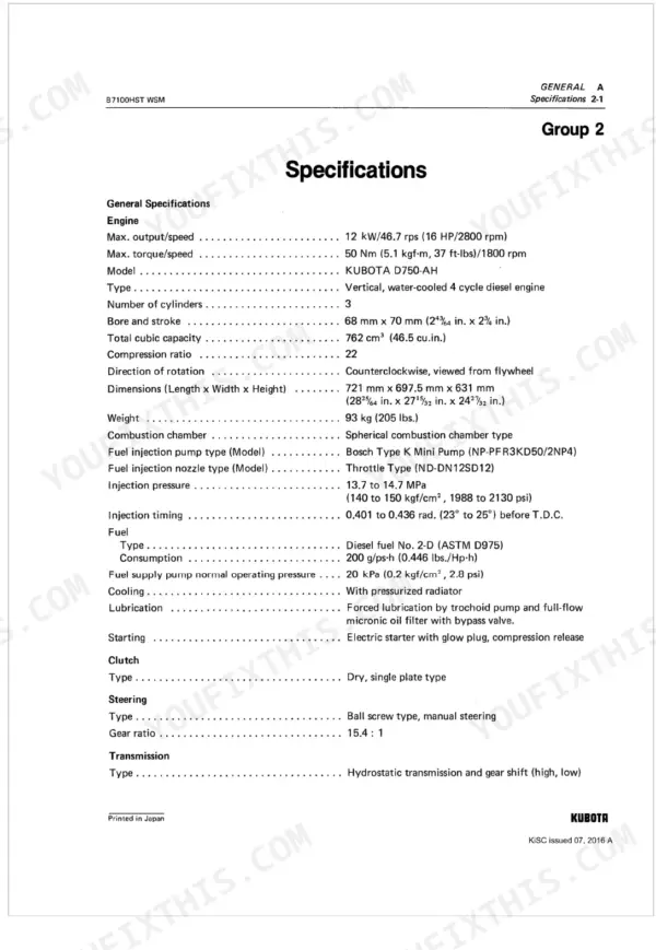 Kubota B7100HST WSM General Specifications table covering engine D750-AH diesel, transmission, clutch, steering, cooling and fuel system specs