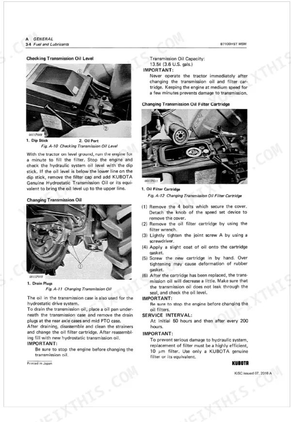 Kubota B7100HST WSM transmission oil level check, filter cartridge replacement, and drain plug procedures with labeled diagrams