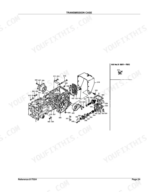 Kubota B6100HST-D transmission case exploded view diagram with numbered component parts