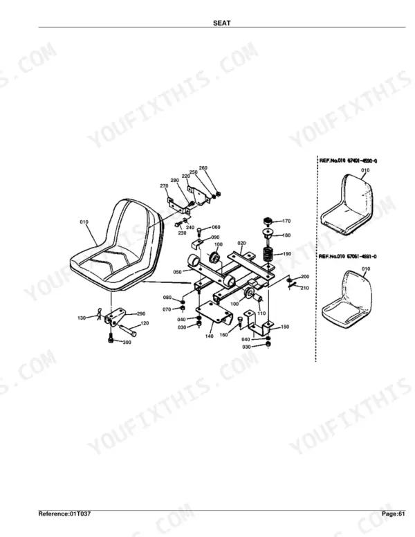 Kubota B6200D seat exploded view diagram with numbered parts and component references