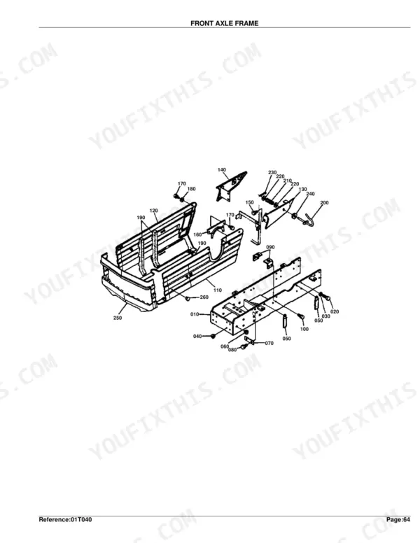 Kubota B6200D front axle frame exploded view diagram with numbered component parts and assembly references