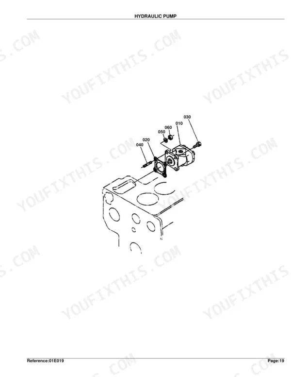 Kubota B6200D hydraulic pump exploded view diagram with numbered component parts 010-060