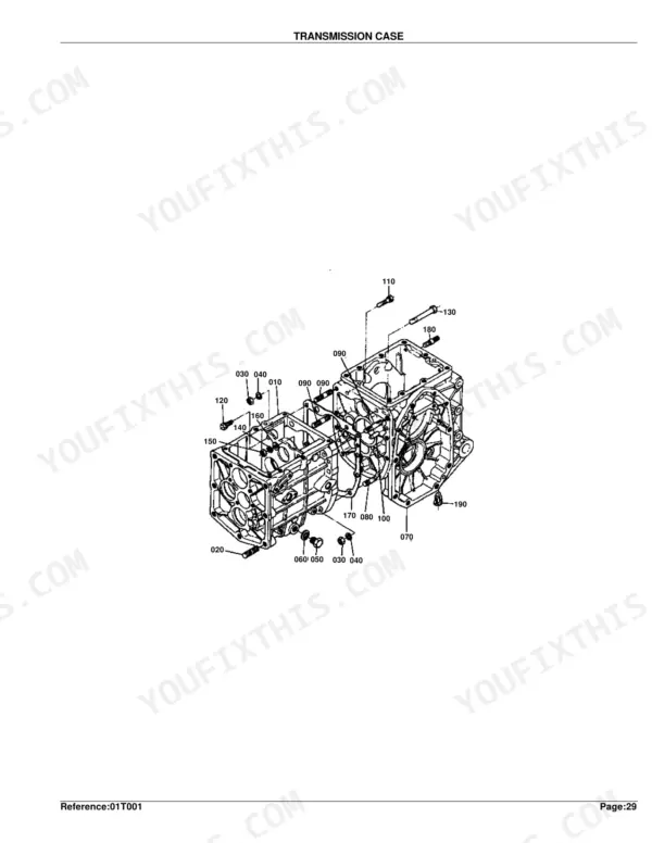 Kubota B6200D transmission case exploded view diagram with numbered component parts and reference callouts
