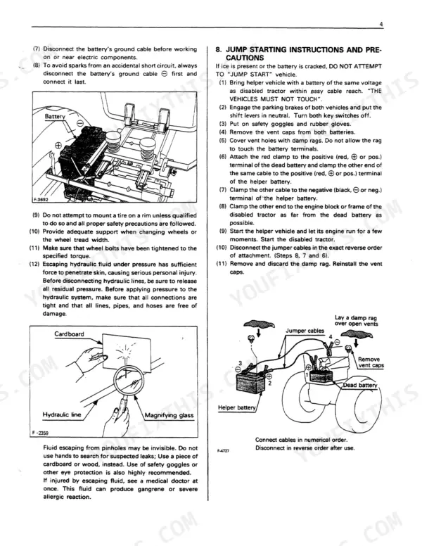 Kubota B6200HST B7200HST jump starting instructions and precautions with battery diagram and jumper cable connection procedure
