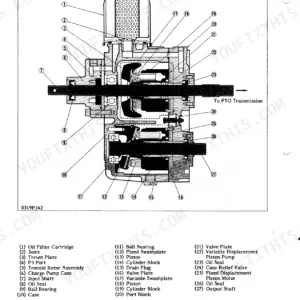 Kubota B6200HST B7200HST transmission exploded view diagram with numbered components including oil filter, trocoid rotor, pistons, cylinder blocks, and output shaft