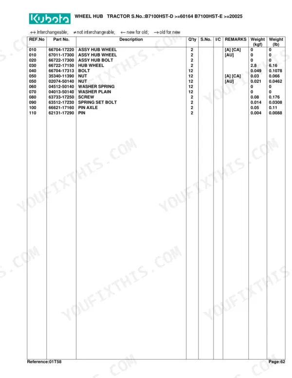 Kubota B7100HST-D B7100HST-E wheel hub tractor parts list with assembly components, bolts, nuts, washers, and pins
