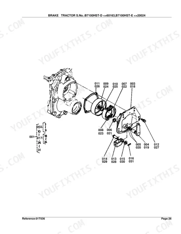 Kubota B7100HST-D brake system exploded view diagram with numbered component parts and callouts