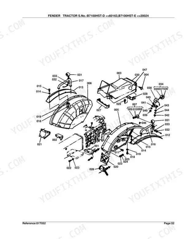 Kubota B7100HST-D fender tractor exploded view diagram with numbered parts 001-047 showing fender assembly components