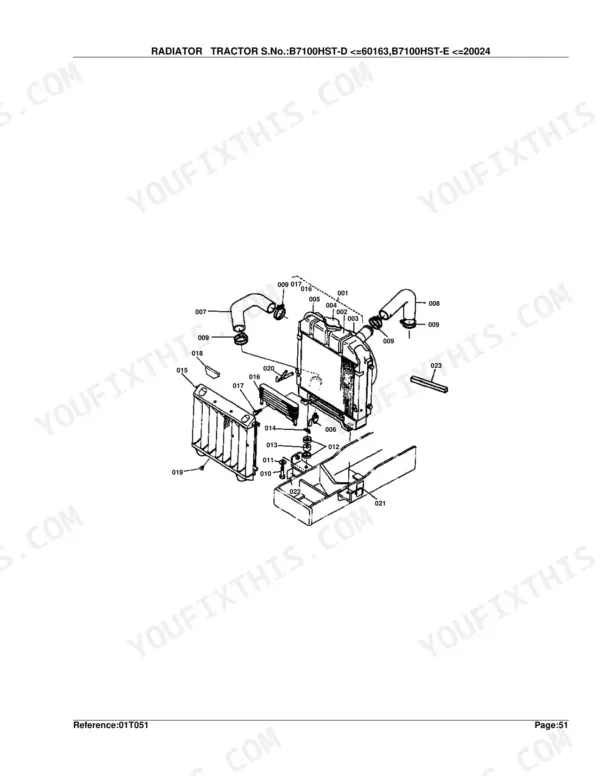 Kubota B7100HST-D radiator exploded view diagram with numbered component parts and assembly details
