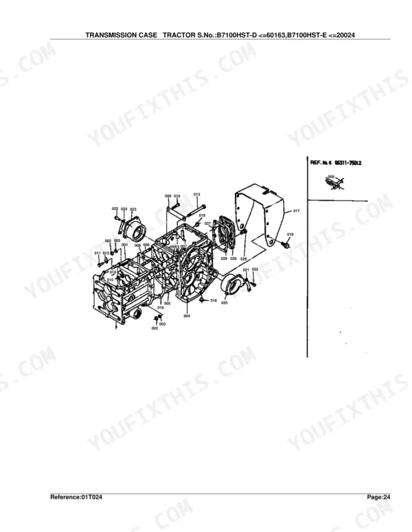 Kubota B7100HST-D transmission case exploded view diagram with numbered component parts