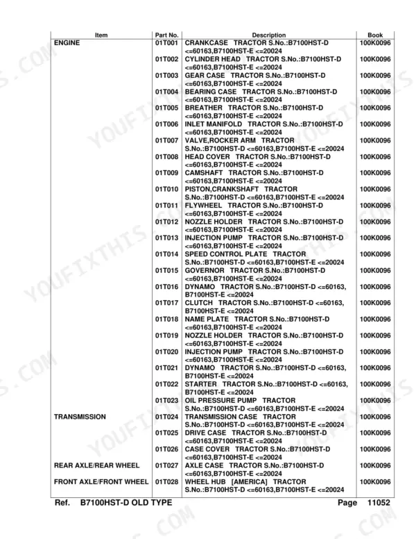 Kubota B7100HST-D engine transmission rear axle parts list with part numbers and descriptions