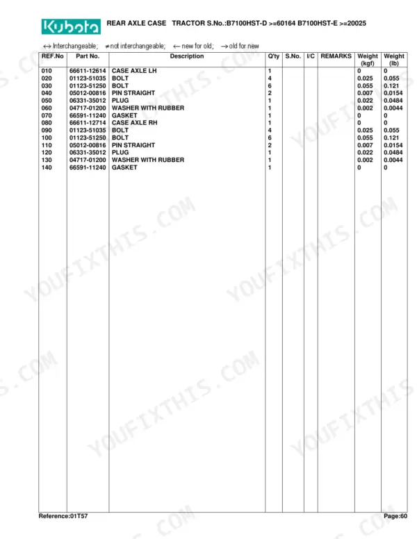 Kubota B7100HST-E rear axle case parts list with component numbers, descriptions, quantities and weights