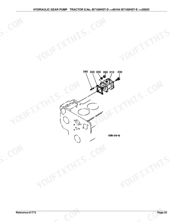 Kubota B7100HST-E hydraulic gear pump exploded view with numbered components 010-060 and pump body assembly