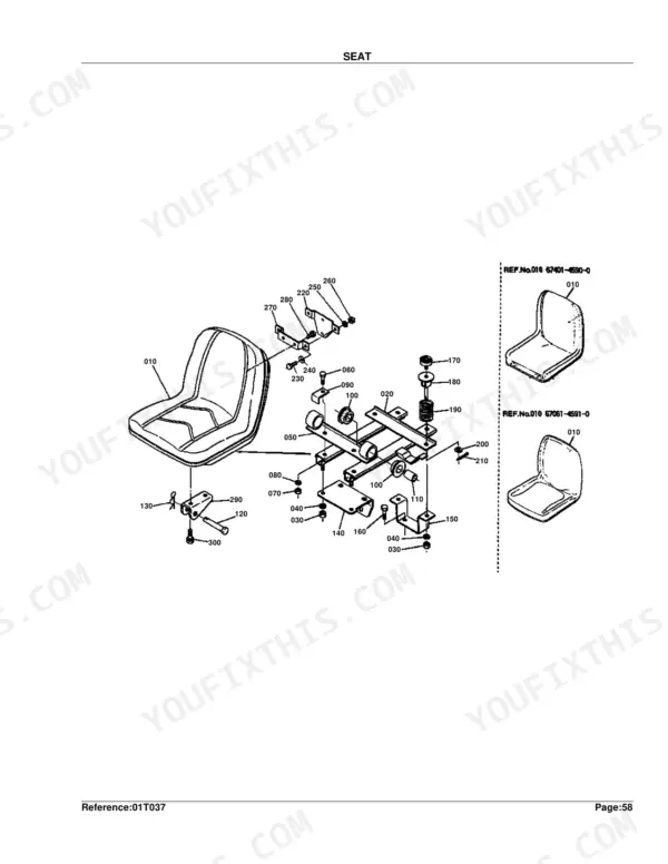 Kubota B7200D seat exploded view diagram with numbered parts and assembly components