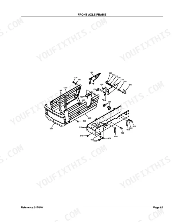 Kubota B7200E front axle frame exploded view diagram with numbered component parts and assembly references