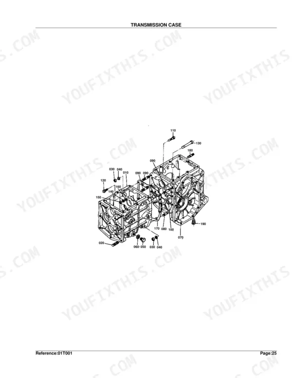Kubota B7200E transmission case exploded view diagram with numbered component parts and reference callouts