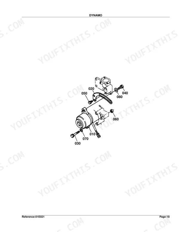 Kubota B7200E Dynamo alternator exploded view diagram with numbered component parts 010-080