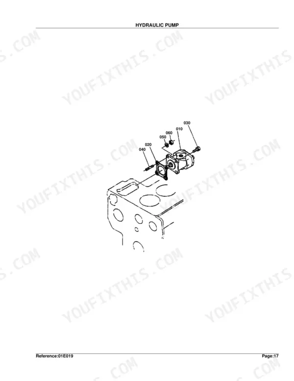 Kubota B7200E hydraulic pump exploded view diagram with numbered component parts 010-060 and mounting bracket