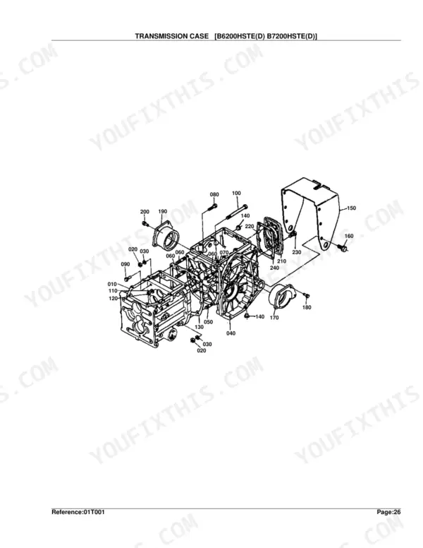 Kubota B7200HSTD transmission case exploded view diagram with numbered component parts