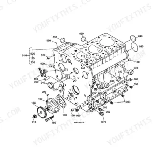 Kubota B7300HSD crankcase exploded view diagram with numbered component parts and assembly references