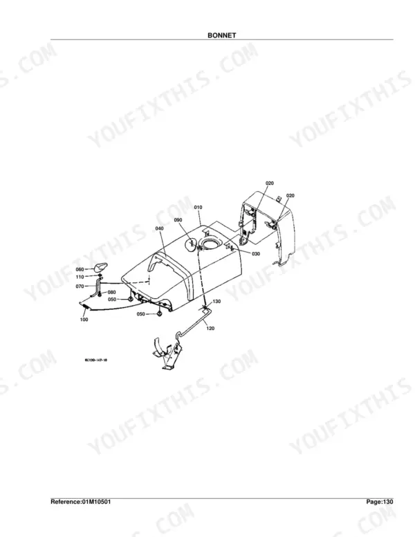 Kubota B7400HSD bonnet exploded view diagram with numbered parts 010-130 showing hood assembly components