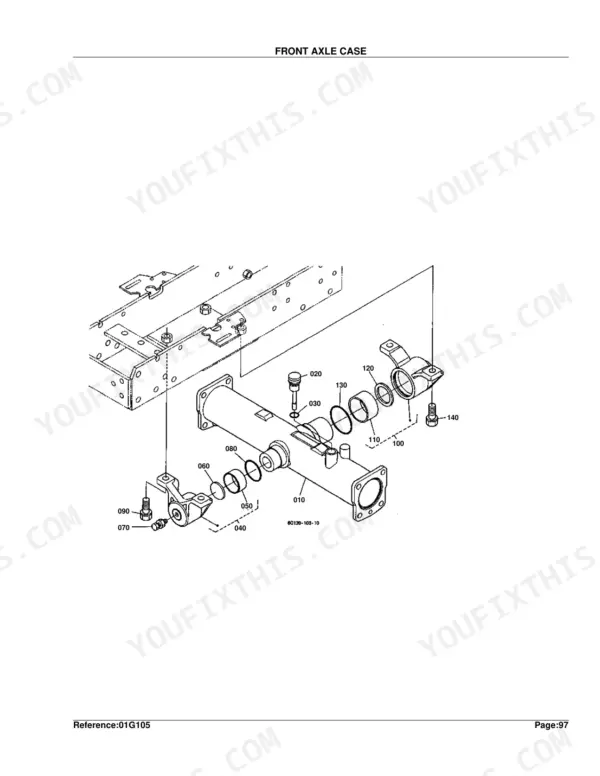 Kubota B7400HSD front axle case exploded view diagram with numbered component parts and assembly details