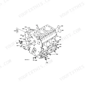 Kubota B7400HSD crankcase exploded view diagram with numbered component parts and assembly references
