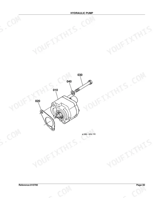 Kubota B7400HSD hydraulic pump exploded view diagram with numbered components 010 020 030 040